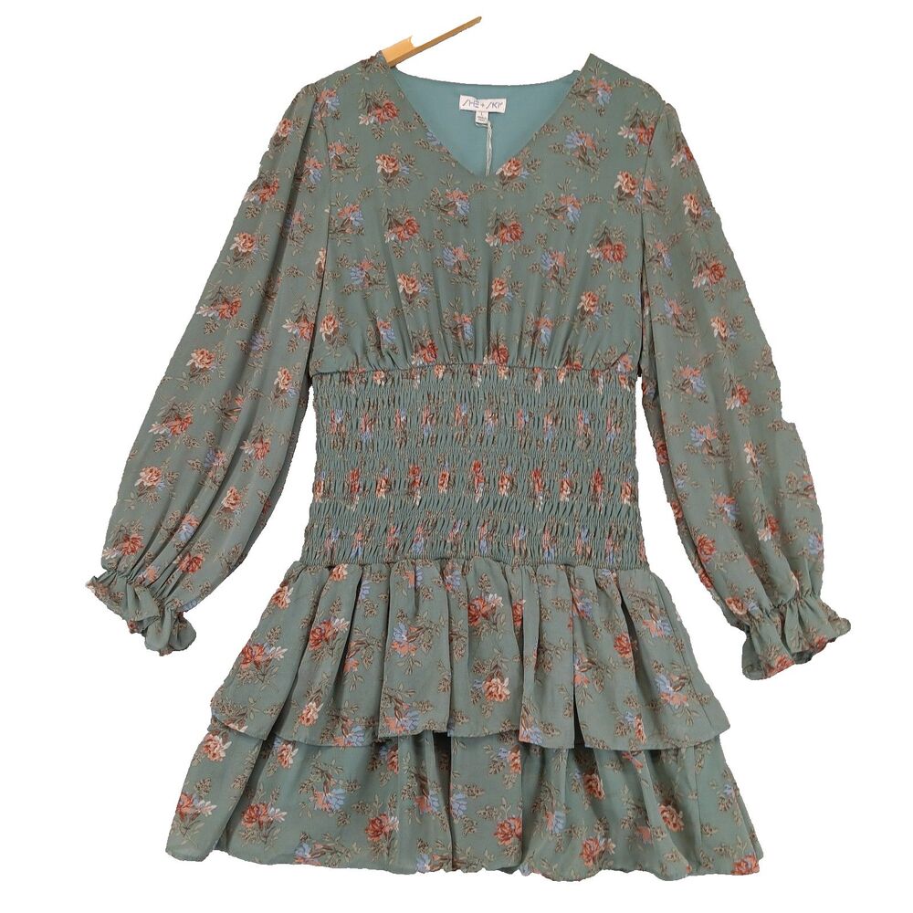She + Sky Women Sz L Sage Green Floral V Neck Long Sleeve Mini Ruffle Dress Y2K